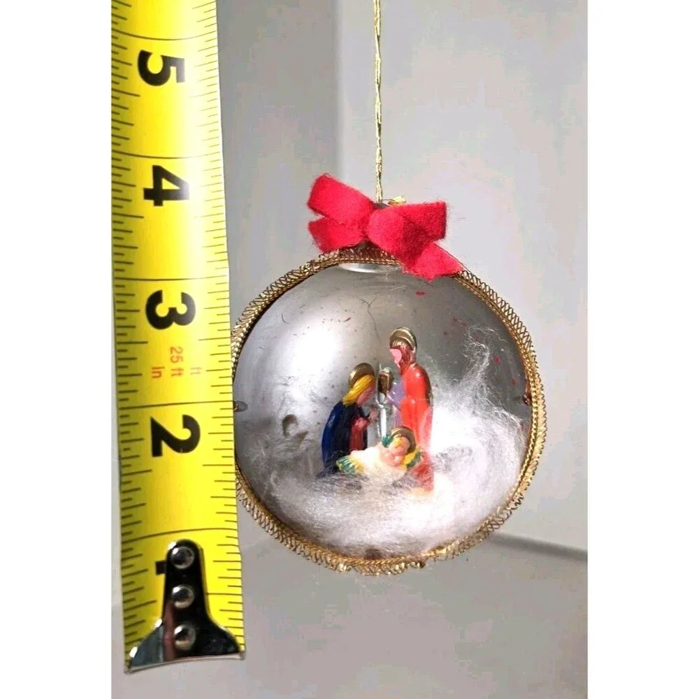 Rare Vintage Red Jewel Brite Jesus Mary Joseph Plastic Christmas Ornament